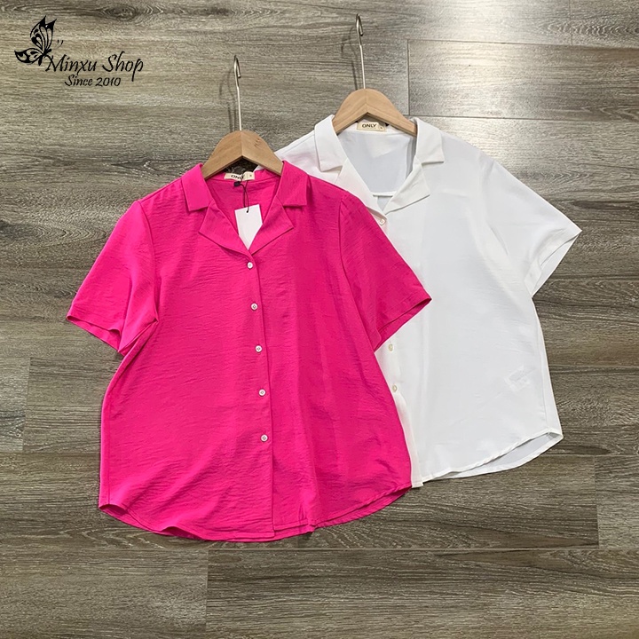 Áo sơ mi nữ ngắn tay cổ vest form rộng, chất vải đũi tơ dày dặn không nhăn mát lịm phong cách Hàn Quốc Minxu shop OC09