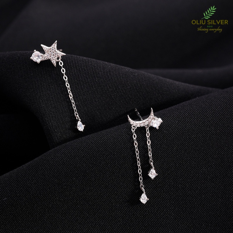 Bông Tai Bạc S925 Tua Rua Trăng Sao Sợi Thả Bất Đối Xứng Xinh Xắn | Khuyên Tai Nữ Trang Sức Bạc Thời Trang