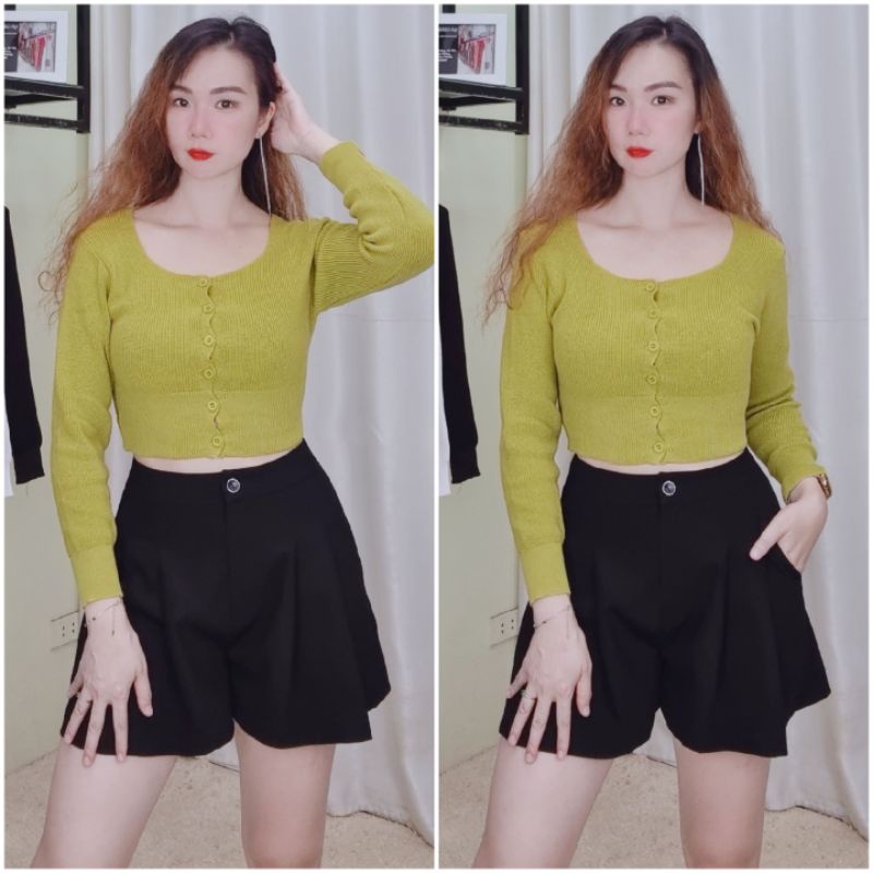 Áo len croptop tay dài cài khuy mix đồ siêu xinh yêu, chấy len dày đẹp. Ảnh thật