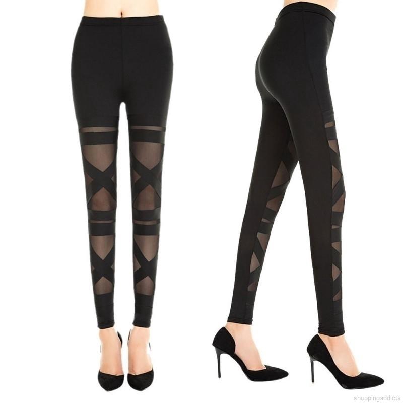 Quần legging nữ màu đen phối ren phong cách Gothic