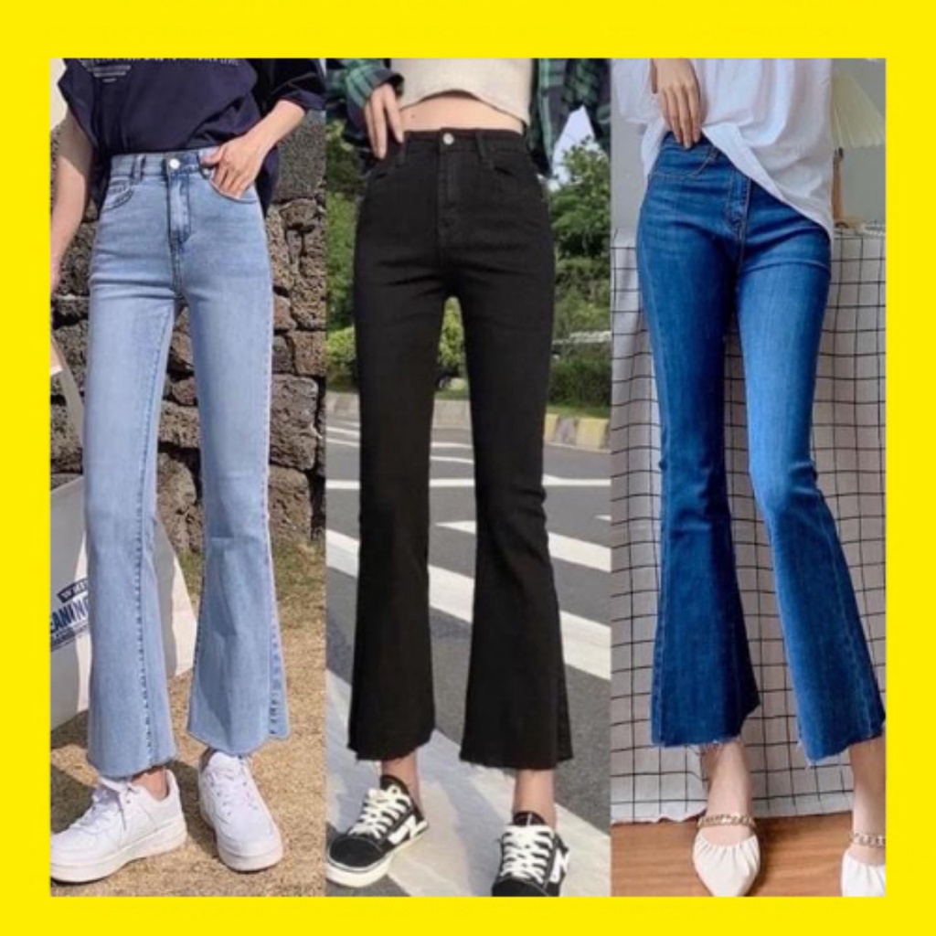Quần jeans suông ống loe 9 TẤC NẤM LÙN cạp cao chất liệu co giãn lên dáng siêu đẹp
