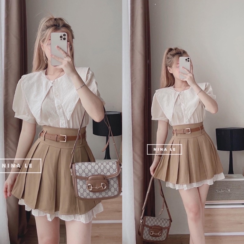 Set Áo Sơ mi Cổ Nhọn Mix Chân Váy Xếp Ly Nâu Chất Đẹp