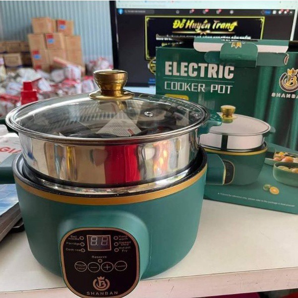 Nồi Lẩu Điện Đa Năng Chống Dính Vân Đá  ELECTRIC COOKER POT Shanban 24cm Kèm Hấp Inox Cao Cấp