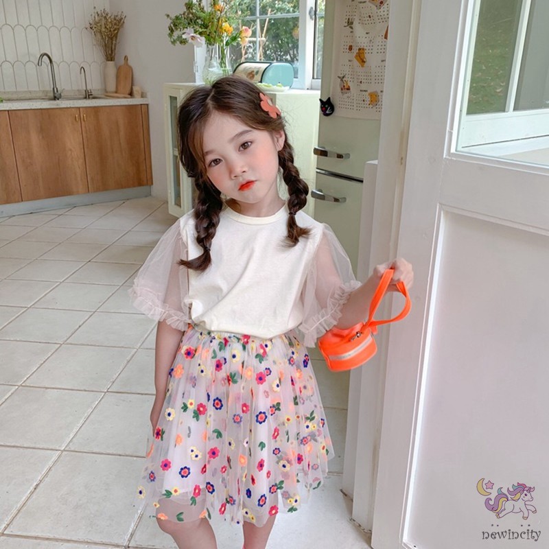 Bộ Áo Cánh Tiên Phối Ren + Chân Váy Lưới Thêu Hoa Thời Trang Dành Cho Bé Gái