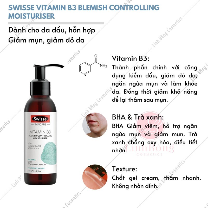 KEM DƯỠNG NGỪA MỤN GIẢM THÂM SWISSE VITAMIN B3 BLEMISH CONTROLLING MÓITURISER