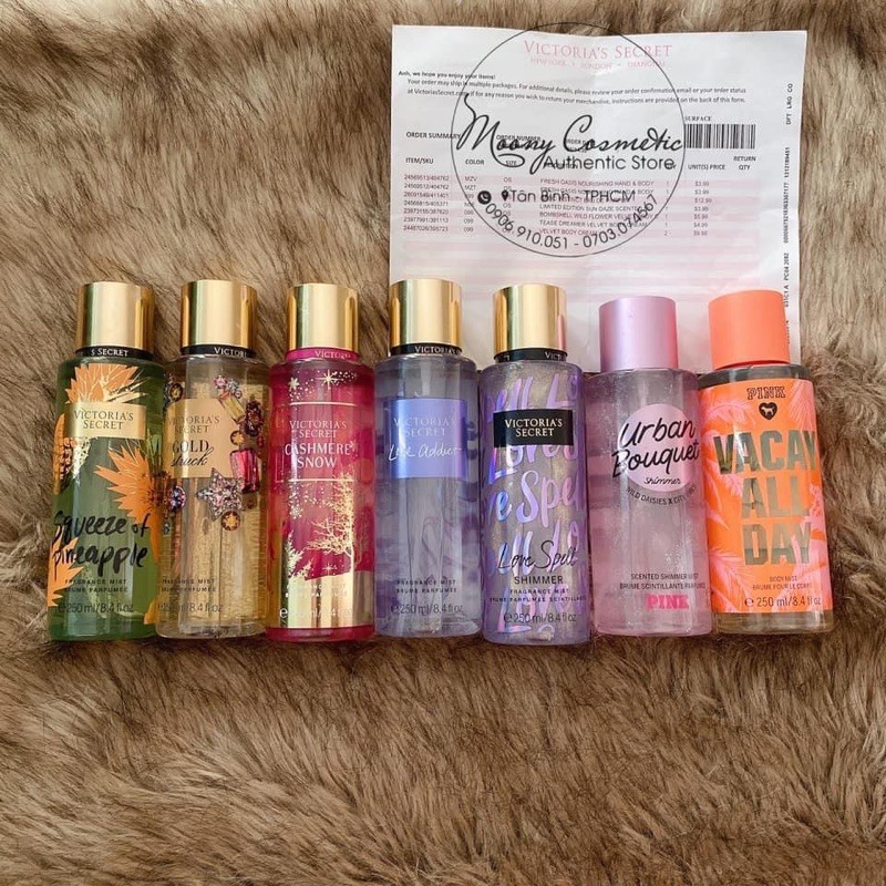 Xịt thơm cơ thể body mist Victoria Secret’s 250ml Love addict/ gold truck/ Love spell nhũ shimmer