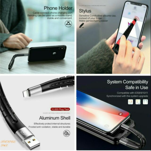 RẺ NHẤT HCM Cáp sạc usam iphone sj-198 chính hãng 12cm 3in1 (cáp sạc + giá đỡ + bút cảm ứng) 1 ĐỔI 1