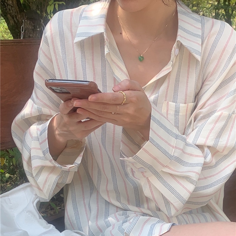 SUXI Sơ Mi Nữ Kẻ Sọc Dài Tay Thời Trang Hàn Quốc