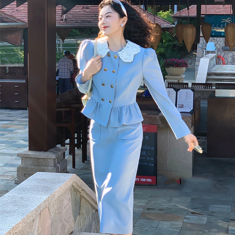 Bộ Đồng Phục Hai Mảnh Áo Cổ Bẻ Phối Chân Váy Ôm Eo Kiểu Retro Pháp Thời Trang Mùa Xuân Cho Nữ