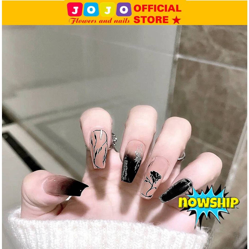 set 24 móng tay giả dài vuông họa tiết hoa hồng Jojo móng giẩ nailbox rẻ đẹp móng úp thời trang tự làm tại nhà