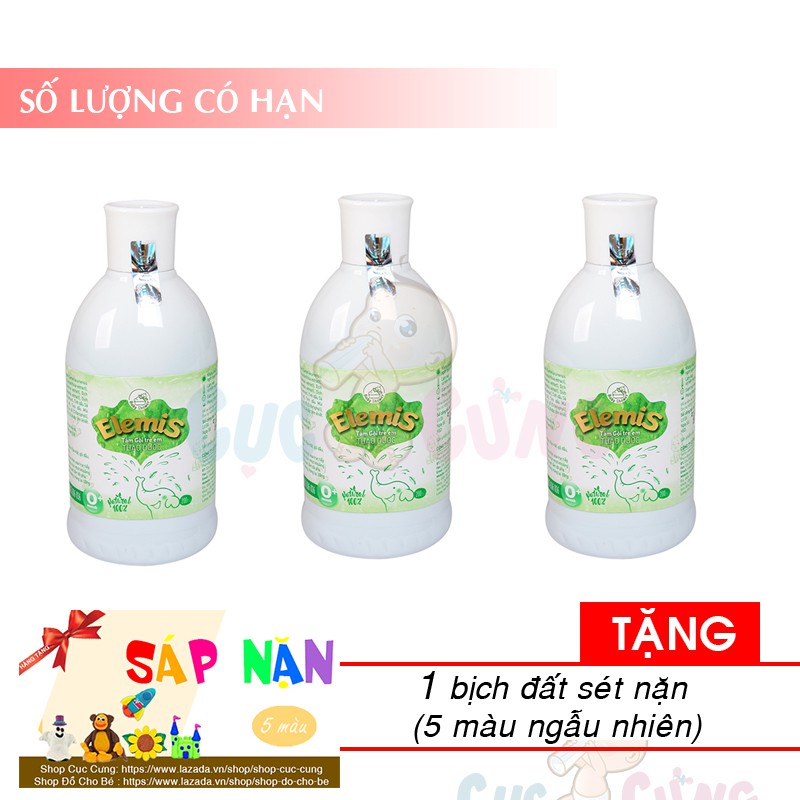 Bộ 3 chai Nước tắm thảo dược ELEMIS 200ml cho trẻ sơ sinh chống rôm sẩy Tặng 1 hộp đất sét 5 màu ngẫu nhiên