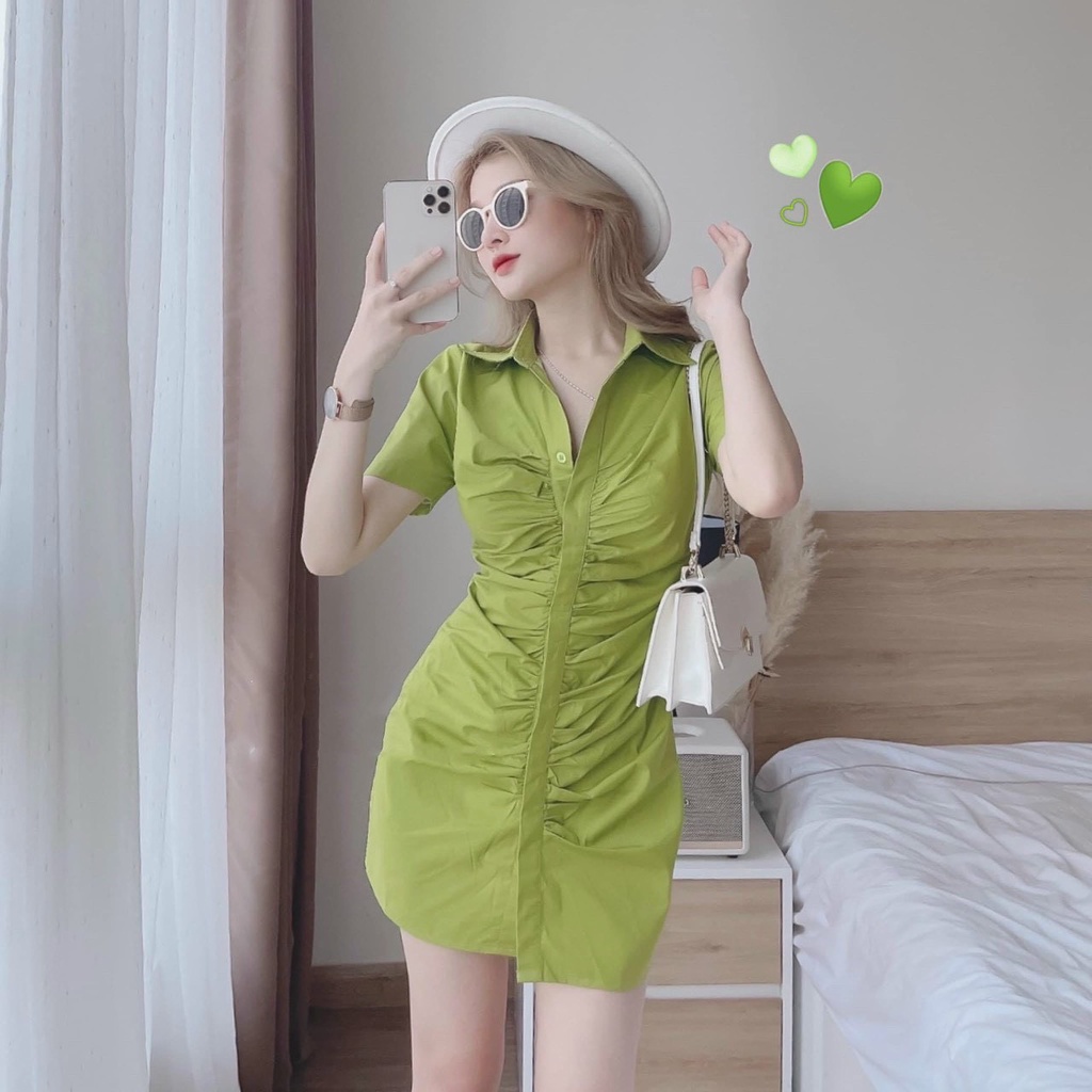 Đầm cổ sơ mi nhún eo cài nút thật siêu hot chanh xả