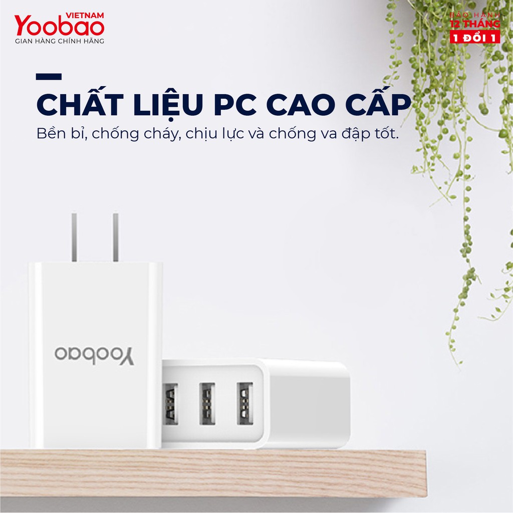 Củ sạc 3 cổng USB Yoobao Y-723 Sạc nhanh dòng 3.4A Chân dẹt kiểu EU - Hãng chính thức - Bảo hành 12 tháng 1 đổi 1