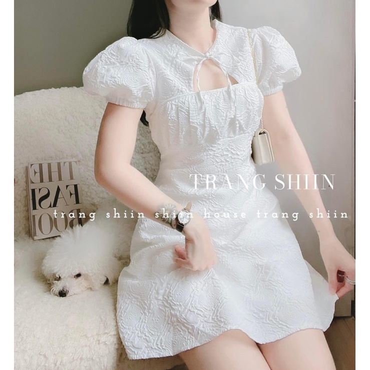 ĐẦM GẤM CUT OUT NGỰC CỘT NƠ CỔ