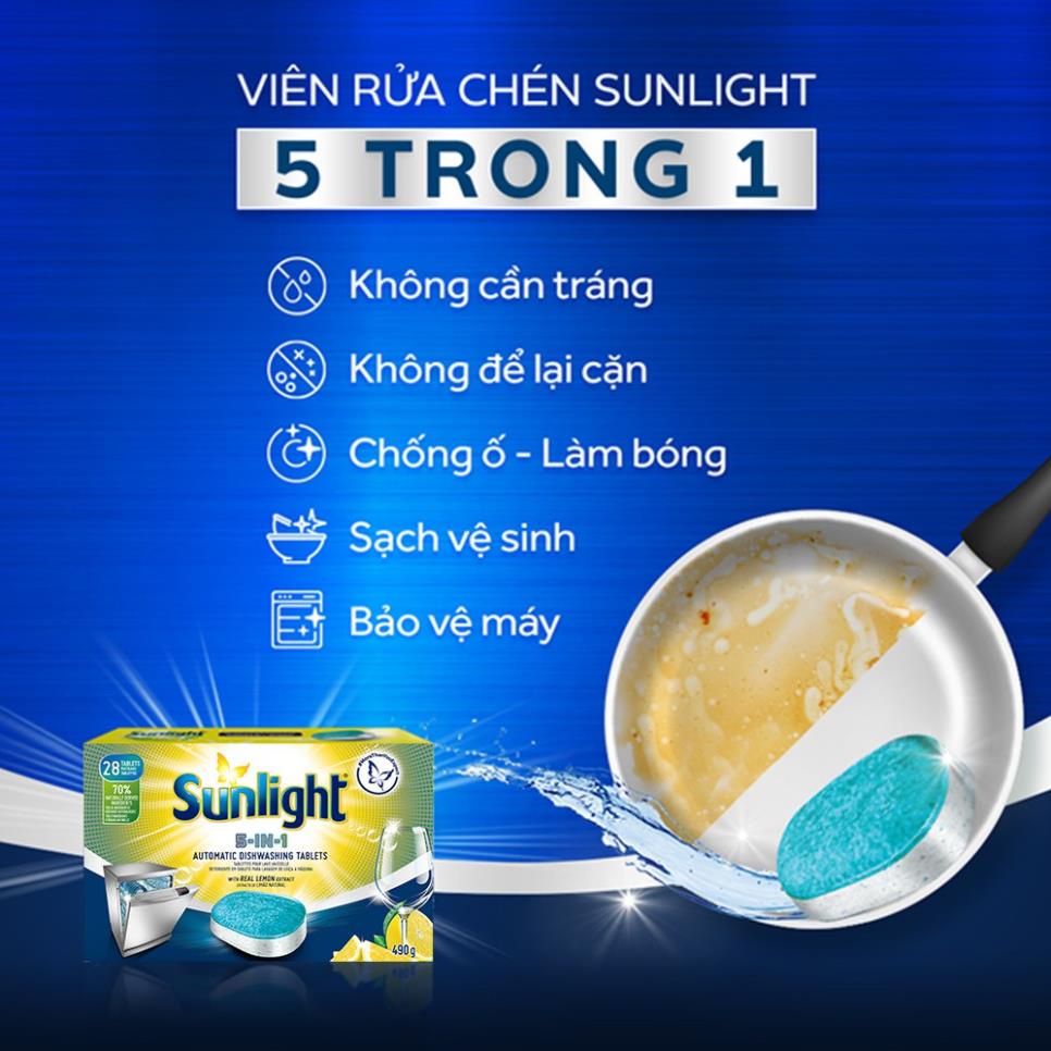 3 Hộp Viên Rửa Chén Bát Sunlight 5 in 1 Dành Cho Máy Rửa Chén (490g/Hộp)