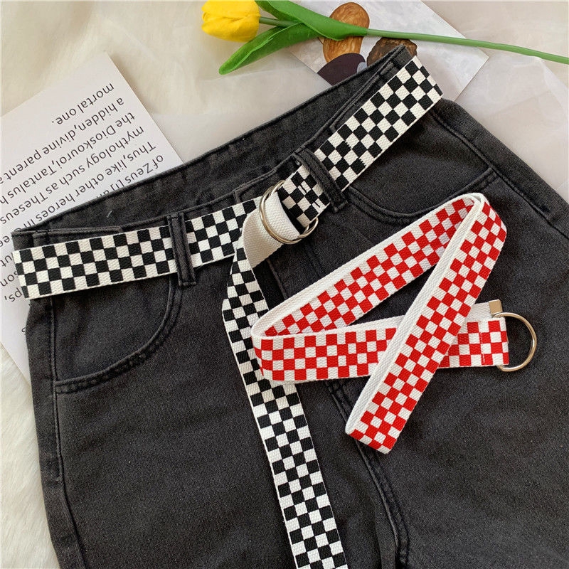 Thắt lưng canvas họa tiết kẻ ô trắng đen thời trang unisex cổ điển 22527