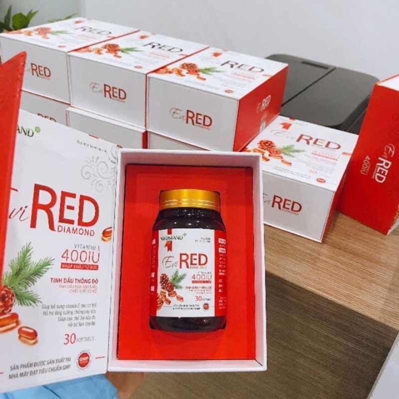 Viên Vitamin E đỏ uống sáng đẹp da Evired diamond - Tinh dầu thông đỏ và hoa anh thảo lọ 30 viên