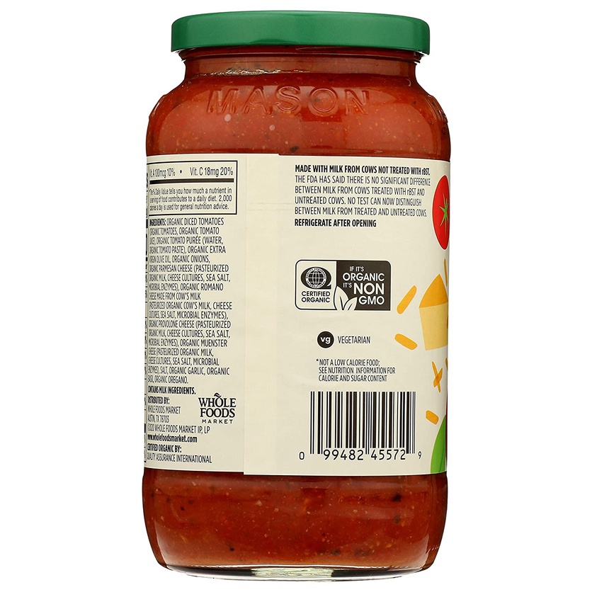 SỐT PASTA SAUCE - FOUR CHEESE ORGANIC 365 by Whole Foods Market, Made with Organic Extra Virgin Olive Oil, 709g (25oz)