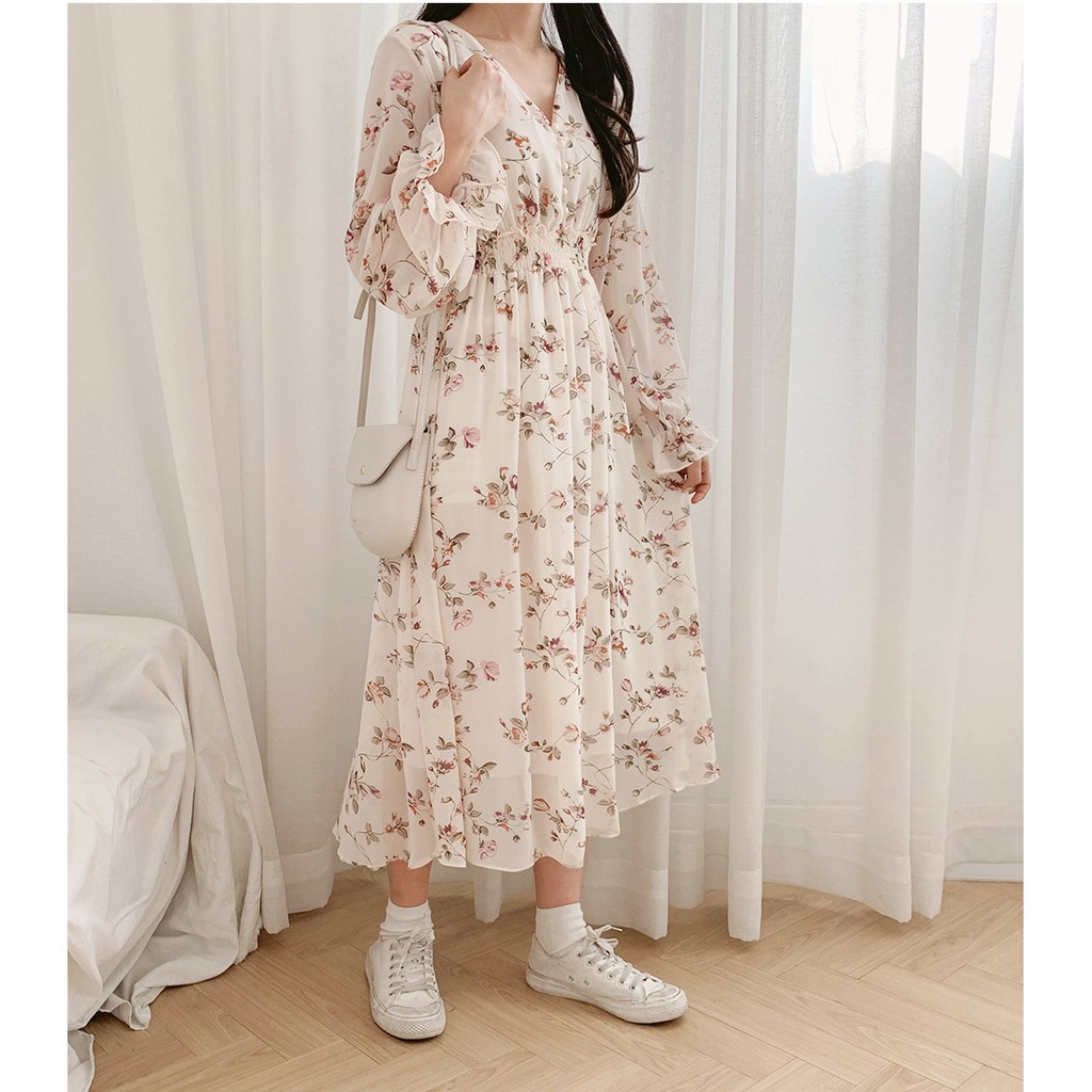 Đầm - Váy hoa nhí tay dài bo chun bèo babydoll, Đầm - Váy hoa nhí cổ V bánh bèo | BigBuy360 - bigbuy360.vn