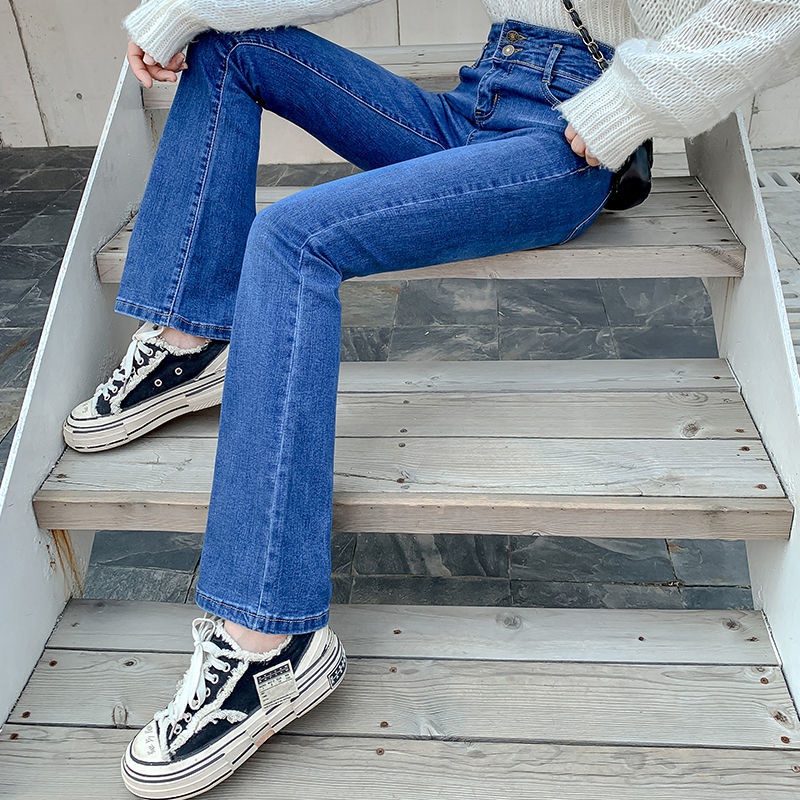 Quần Jeans Lưng Cao Ống Loe Size Lớn Phong Cách Hàn Quốc 2021