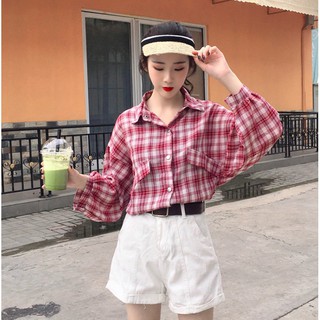 Áo sơ mi kẻ sọc sơ mi caro hai túi ngực tay bồng