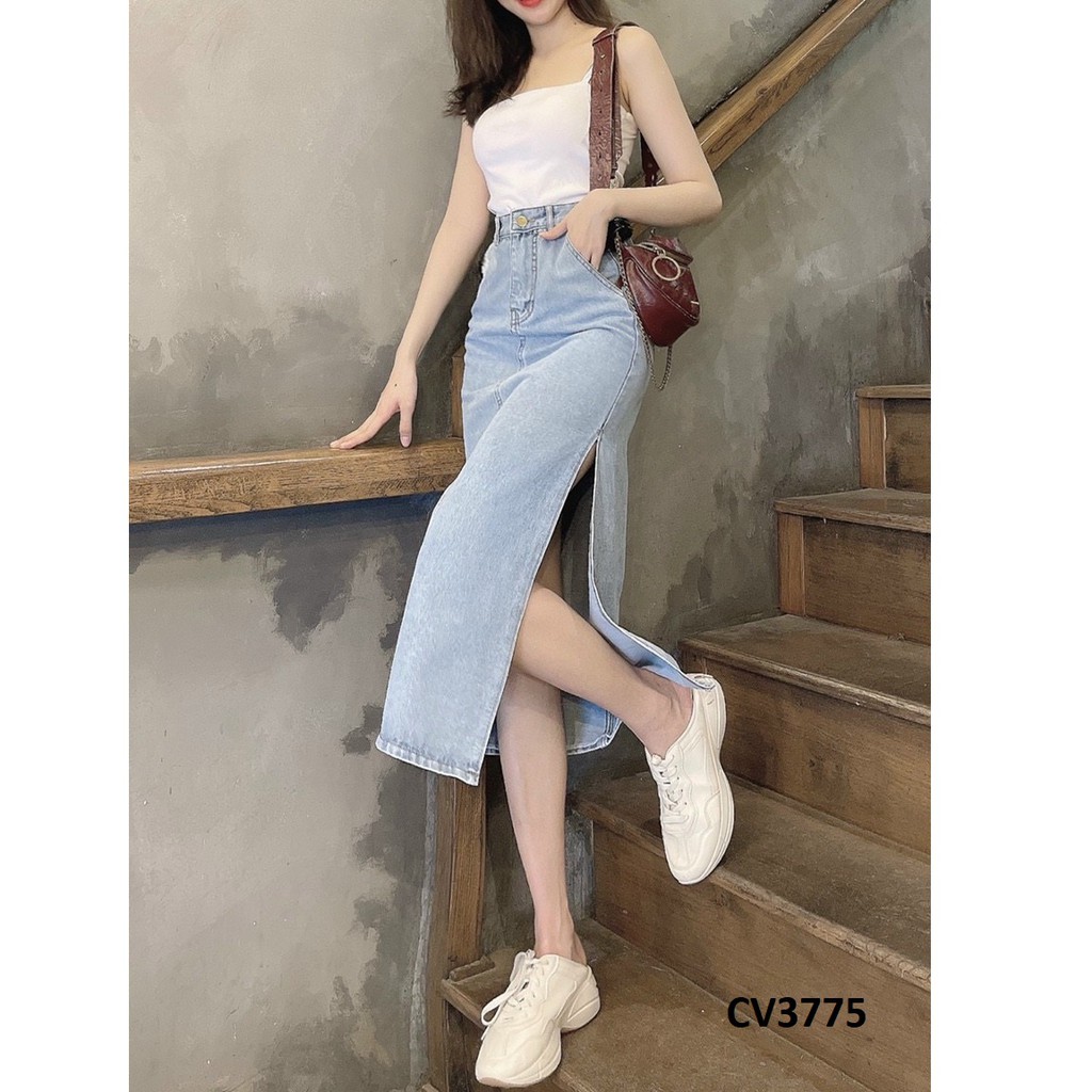 Chân váy jean dáng dài xẻ bên CV3775