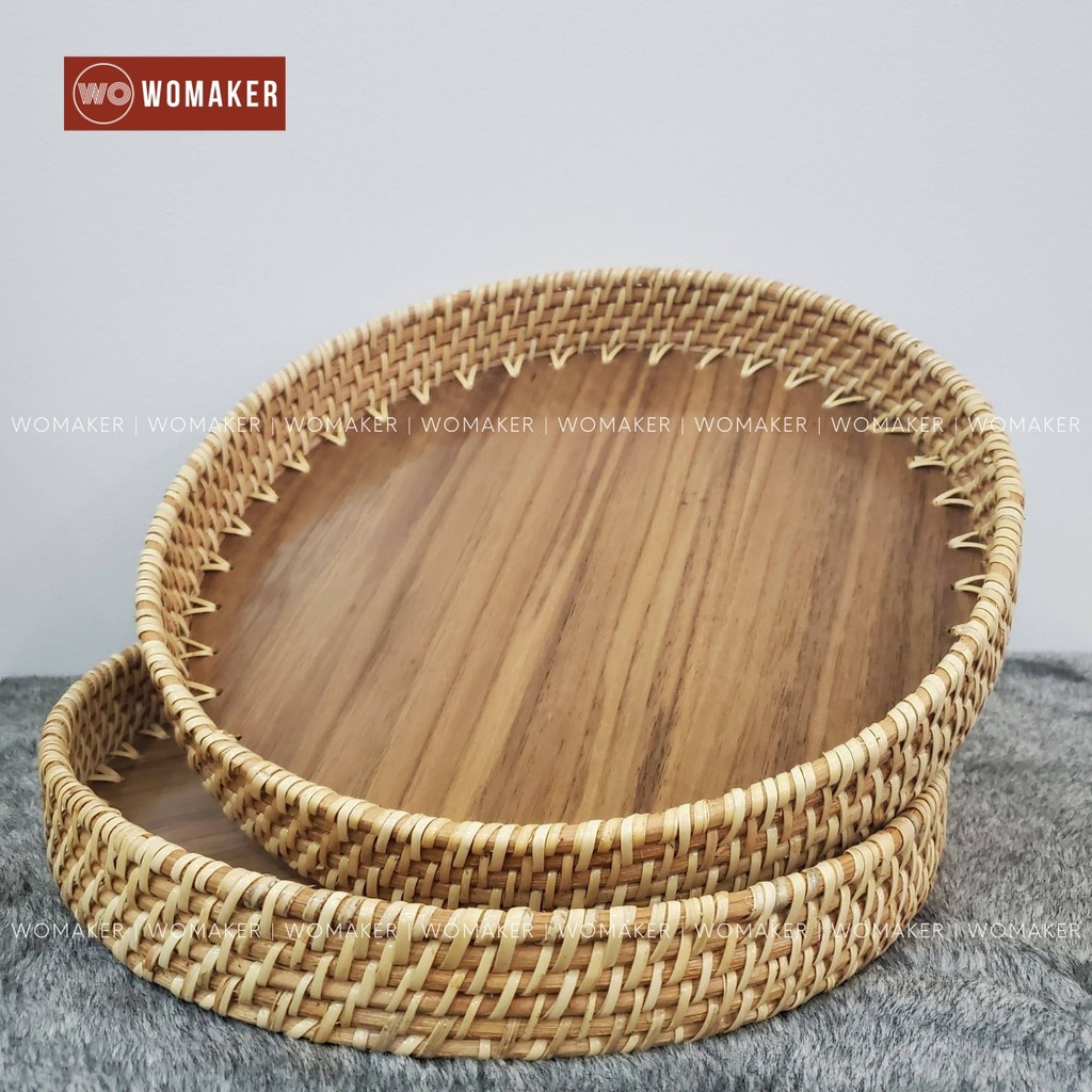 Khay Mây Tròn Handmade Đế Lót Bằng Gỗ , Khay Trà Bánh, Đựng Hoa Quả Trưng Bày Món Ăn cho Quán Cà Phê, Nhà Hàng