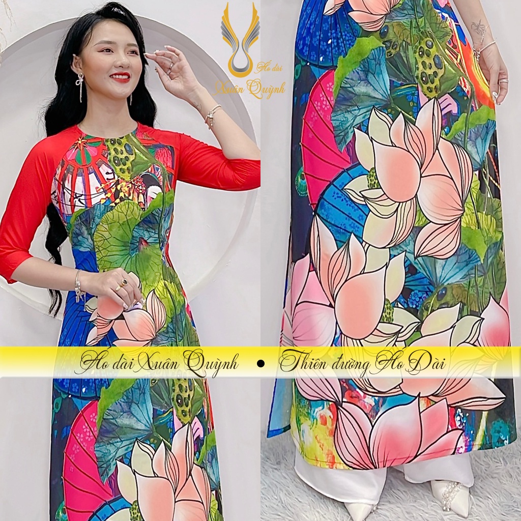 Áo Dài Hoa Sen Trẻ Trung Duyên Dáng Thanh Lịch, Lụa Habutai Co Dãn Mềm Mại A7 - Áo Dài Xuân Quỳnh