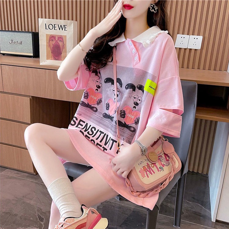 Áo polo Ngắn Tay Dáng Rộng Thêu Họa Tiết Hoạt Hình Thời Trang Mùa Hè Cho Nữ
