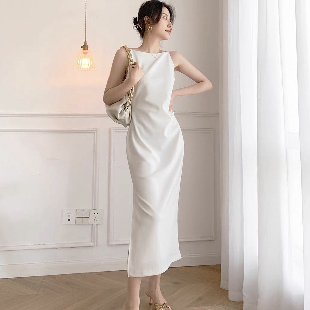 Váy trắng 2 dây chất liệu trượt lụa cao cấp 2 lớp - đầm dự tiệc sang trọng thiết kế chiết eo tỉ mỉ tôn dáng