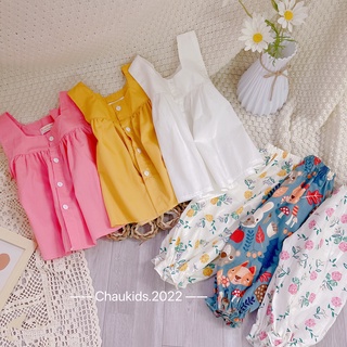 Bộ cổ vuông quần bo lửng bé gái