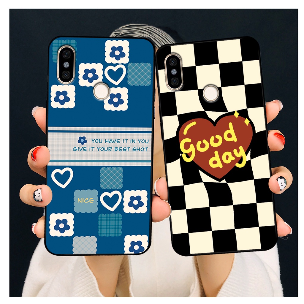 Ốp lưng Redmi Note 5 / Redmi Note 6 in hoạ tiết caro trái tim đen trắng, gấu bear cute đáng yêu