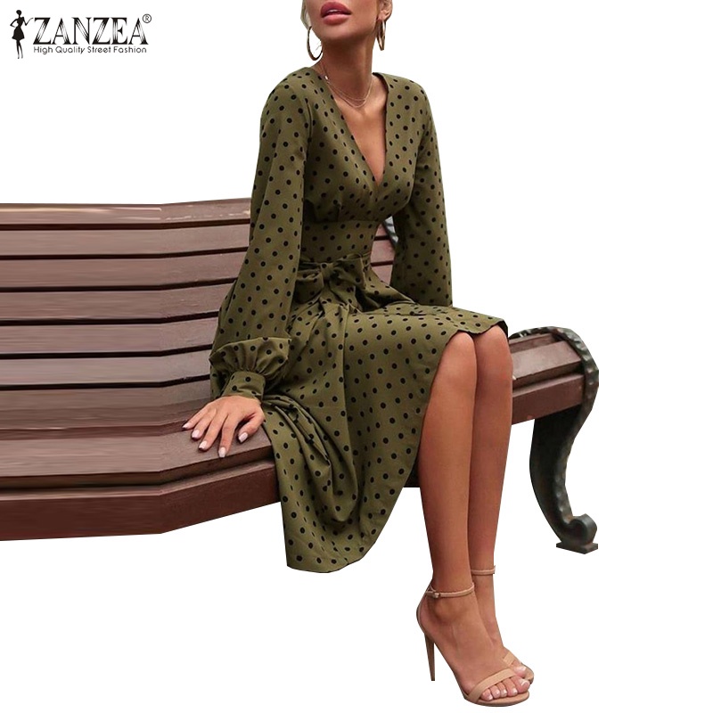 Đầm maxi Zanzea tay dài cổ chữ V in chấm B hợp thời trang