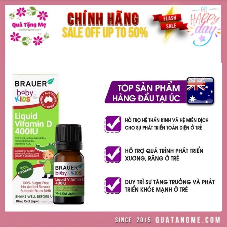 Vitamin D 400IU dạng nước Brauer Baby &amp; Kids Liquid Vitamin D 400IU cho trẻ sơ sinh và trẻ nhỏ (10 ml)