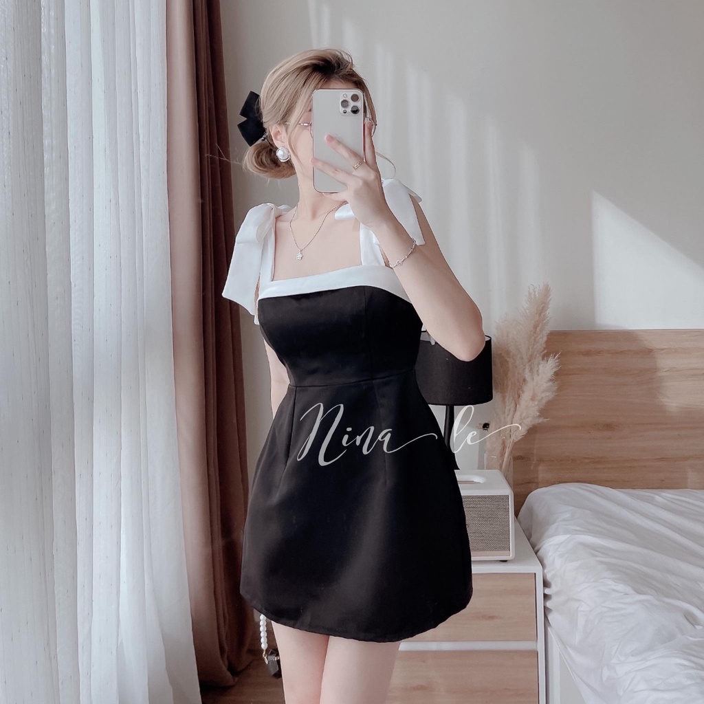 Đầm nữ cổ vuông hai dây nơ vai (Có mút), màu sắc (Trắng, Đen) xinh xắn cho nàng đi chơi, dự tiệc