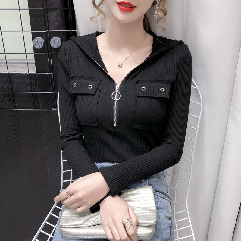 Áo thun có nón tay dài cổ chữ V có khóa kéo 95% cotton thời trang mùa xuân quyến rũ cho nữ 2021