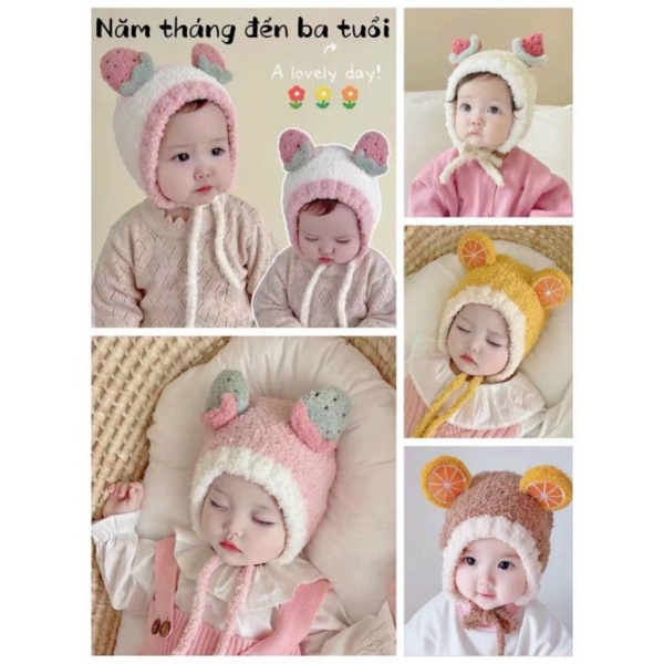 Mũ len xù hình hoa quả cho bé