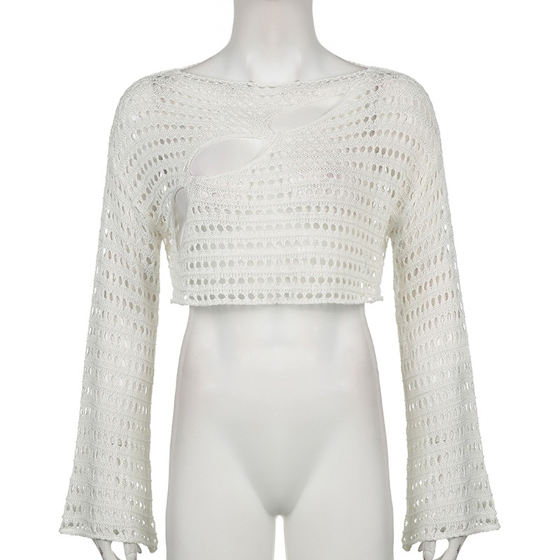 Brroa Áo Crop Top Dệt Kim Tay Loe Dài Phối Lưới Xuyên Thấu Gợi Cảm Cho Nữ Blous