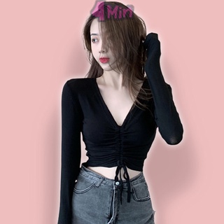 Áo croptop dây rút ôm body hacf dáng ôm eo áo thun tay dài 4min