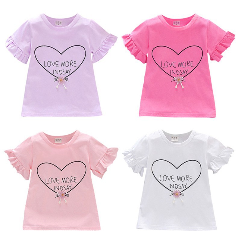 Áo thun ngắn tay in họa tiết trái tim cho bé gái