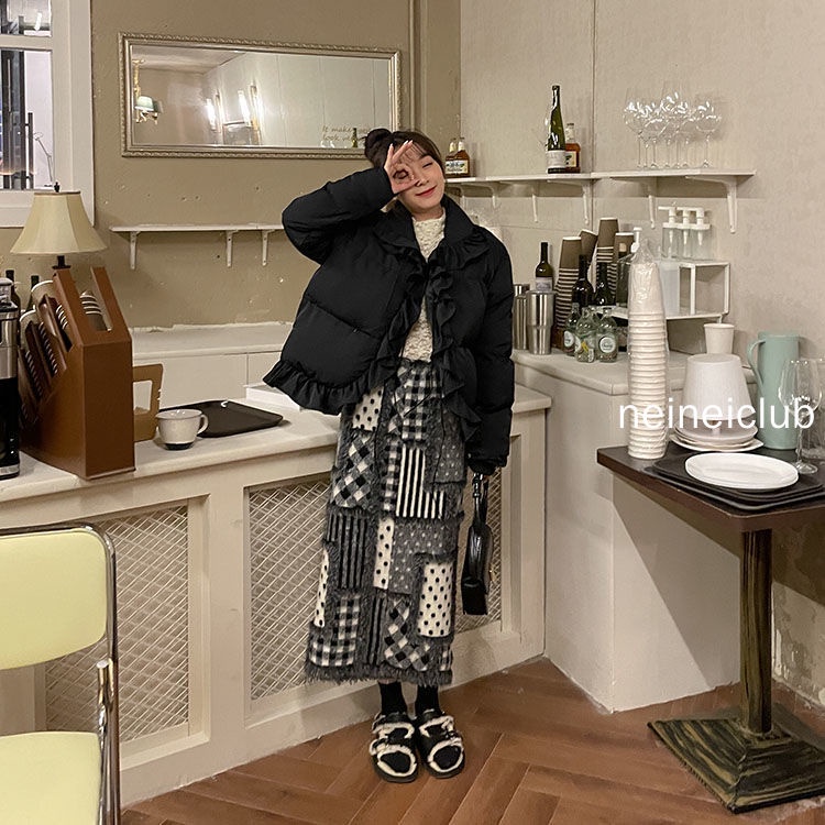 Neinei Chân Váy Len Dáng Chữ a Lưng Cao Họa Tiết Sọc Caro Xẻ Tà Thời Trang Mùa Thu