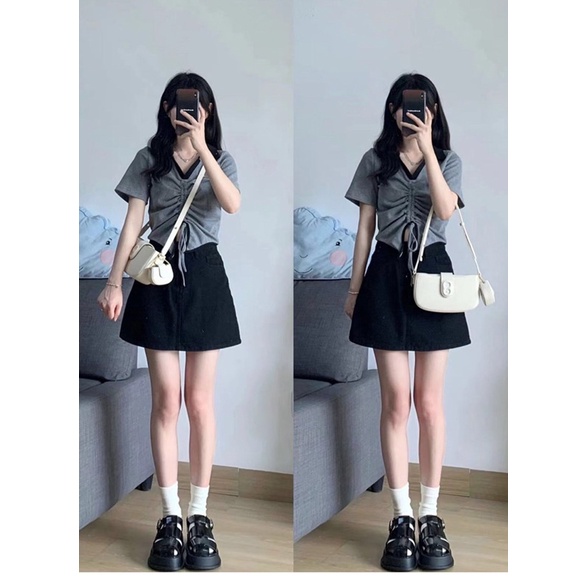 Áo Croptop Ghi cổ sơ mi dây rút ngực giữa Form đẹp phong cách năng động trẻ trung