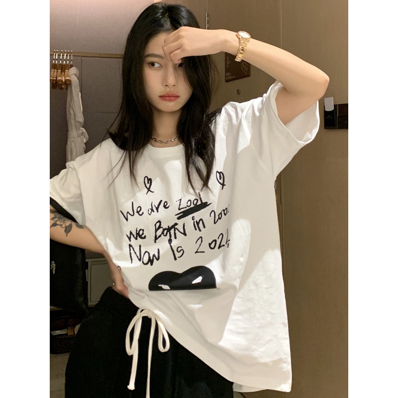 Áo Thun Cotton Cổ Tròn Ngắn Tay Dáng Rộng In Hình Trái Tim Thời Trang Cá Tính 49903