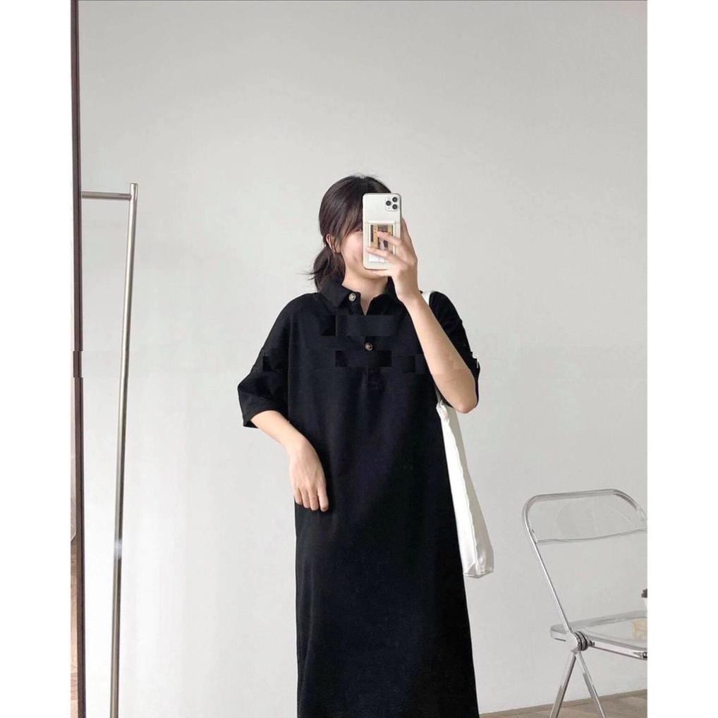 Váy Polo Cúc Đồng   Nữ [] 🌸 Đầm dáng suông màu đen trơn, thun tay lỡ bánh bèo cá tính Ulzzang 🌸