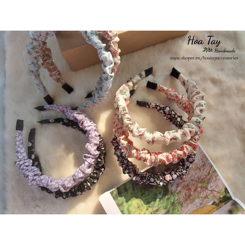 (Headband scrunchies) Cài tóc, băng đô nhún vải voan hoa nhí vintage HoaTay