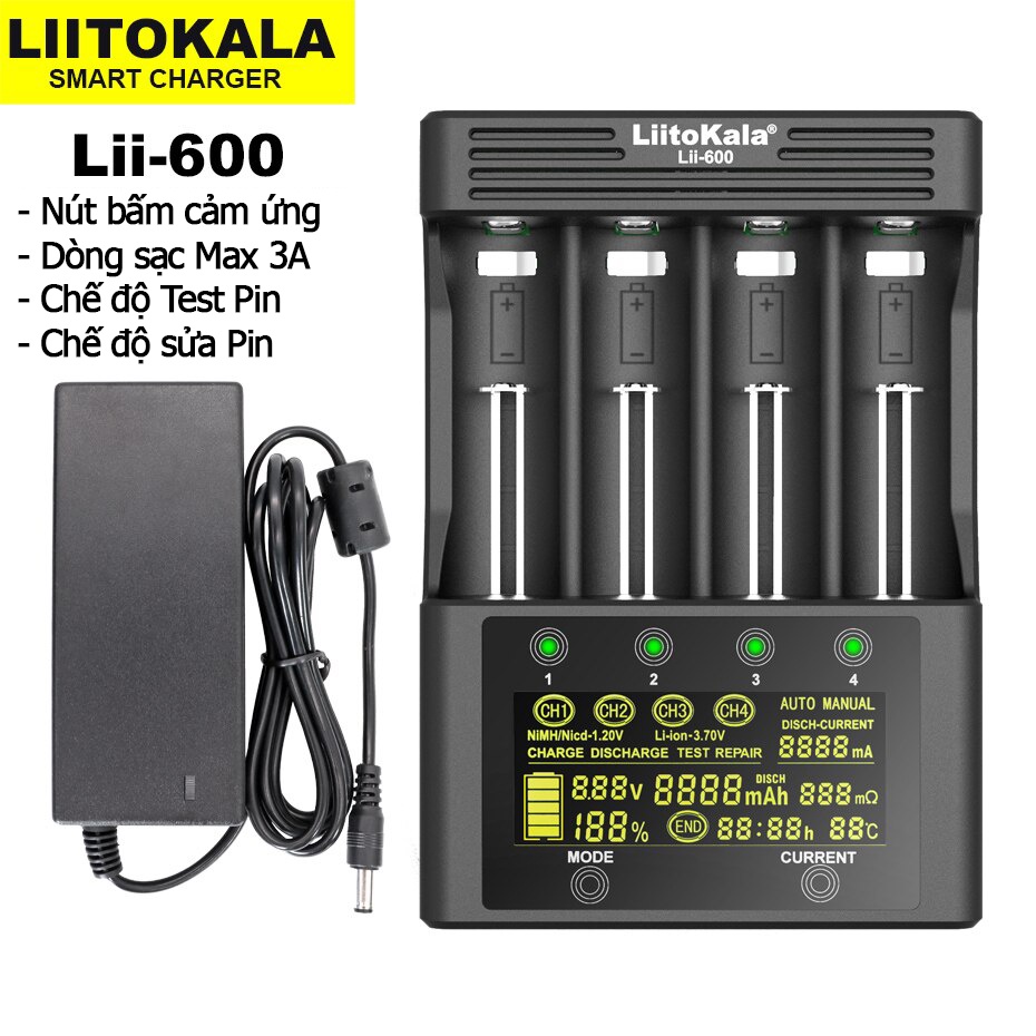 Bộ sạc và test pin đa năng Liitokala Lii-600 Pin NiMH Lithium 18650 3.7V 18350 18500 21700 25500 26650 AA AAA