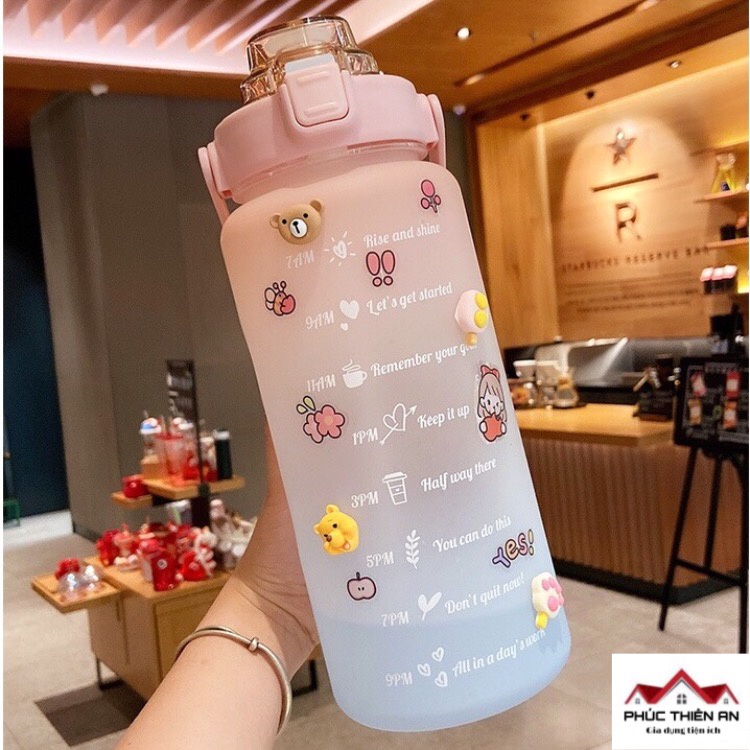 Bình nước 2L có chia vạch nhắc nhở - Siêu dễ thương