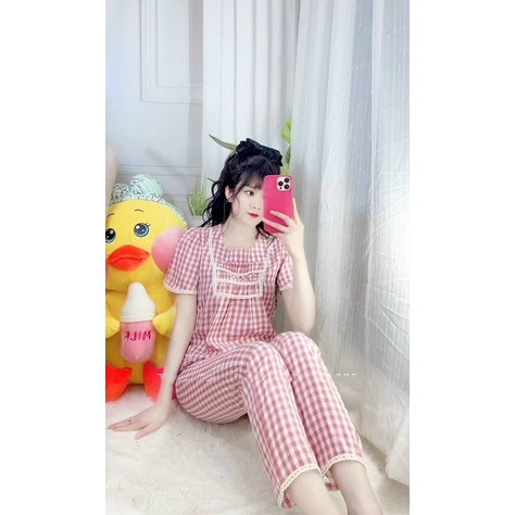 Bộ ngủ mặc nhà mẫu kẻ nhiều màu viền ren siêu mát áo cộc quần mùa hè