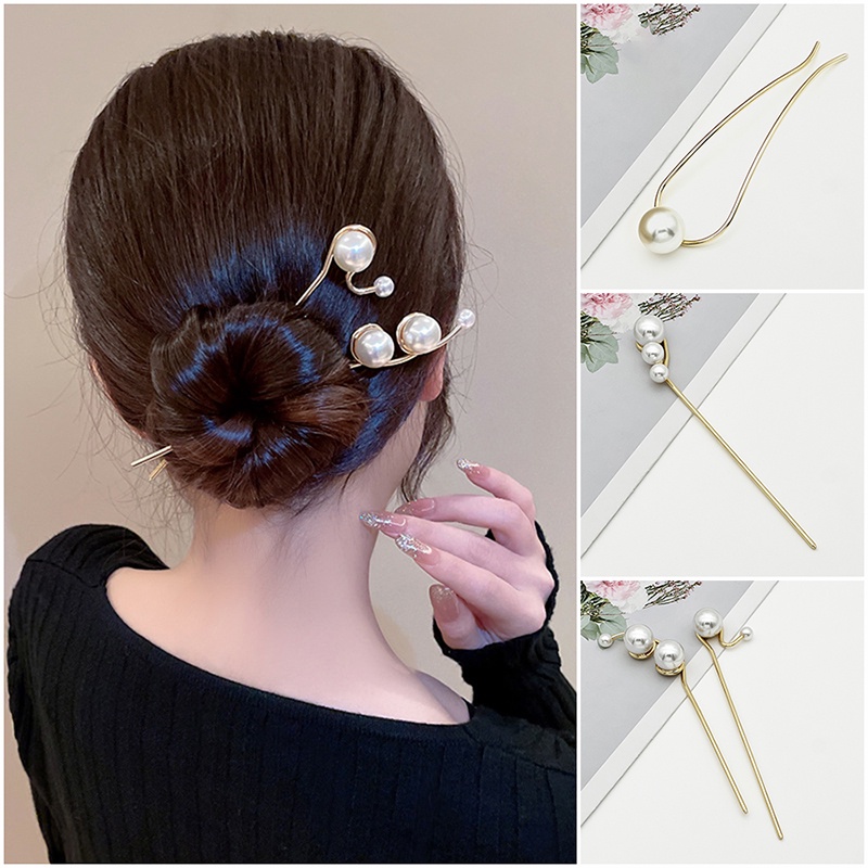 Trâm cài tóc nữ cá tính đính hạt trai ABS dùng búi tóc hằng ngày phong cách công sở vintage