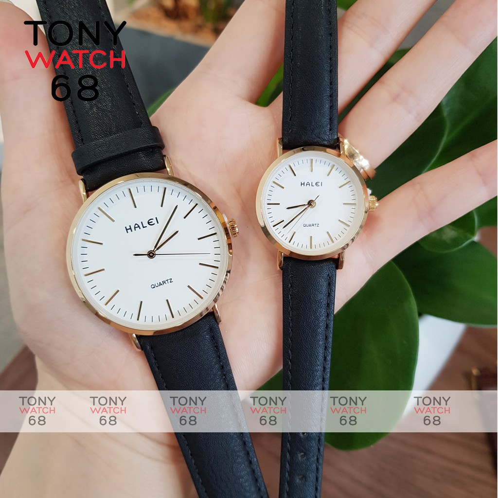 Đồng hồ cặp đôi nam nữ Halei dây da chống nước chính hãng viền mạ vàng Tony Watch 68 | BigBuy360 - bigbuy360.vn